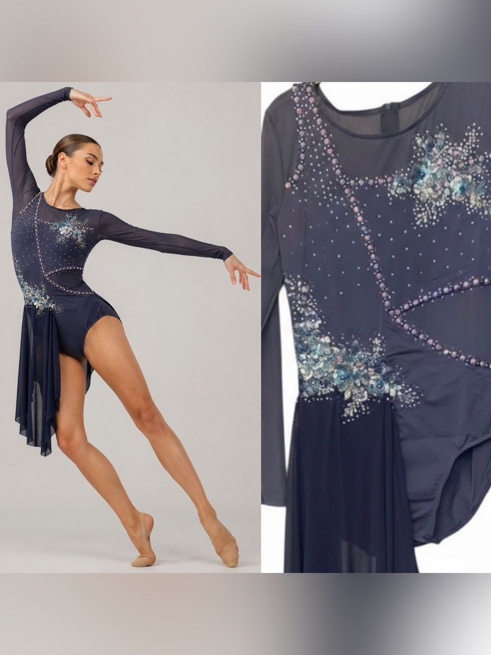 Custom solo lyrical romantic Dance Costume illusion blue rhinestone dress LA